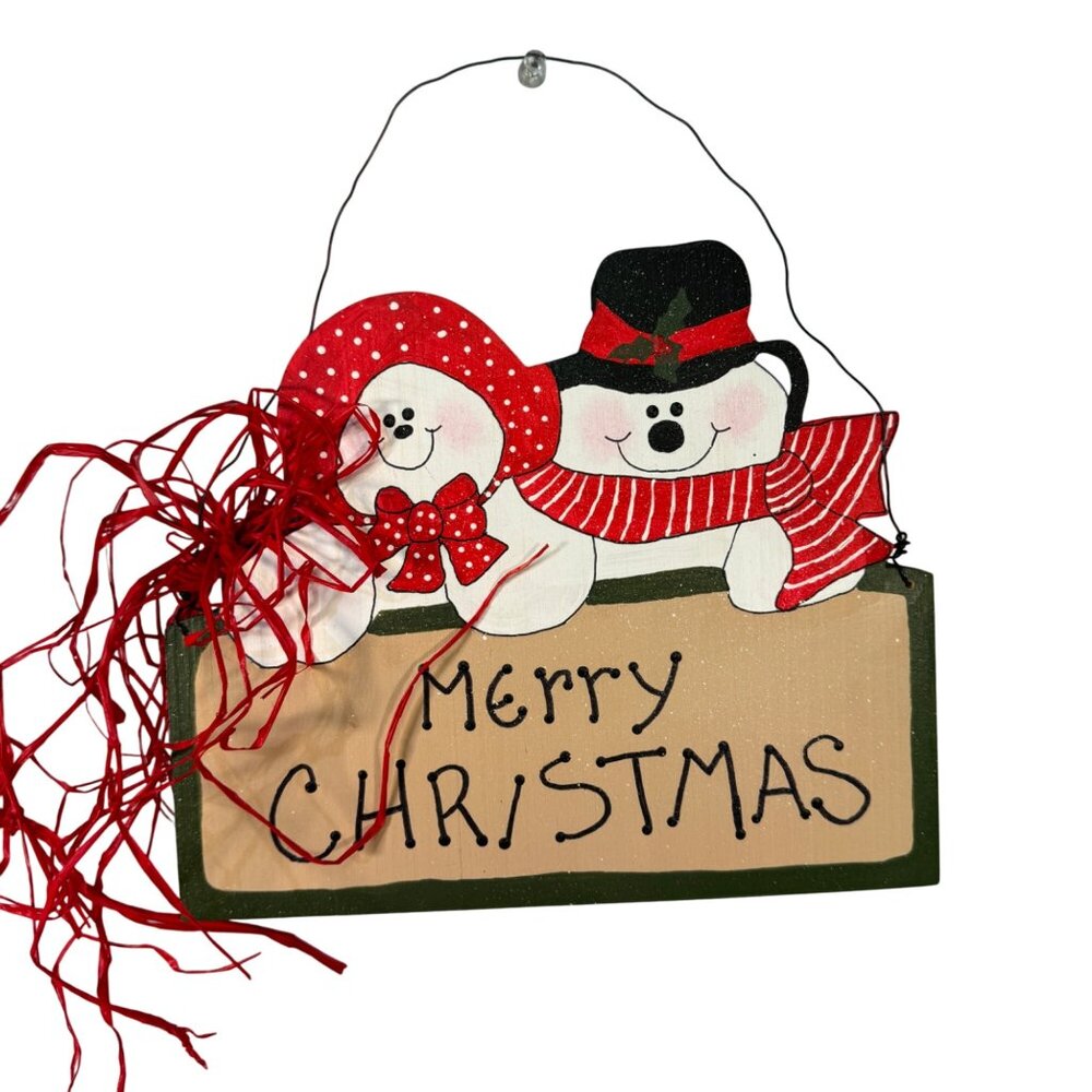 Vintage Wooden Merry Christmas Wall Hanging With Snowman & Snowwoman Design